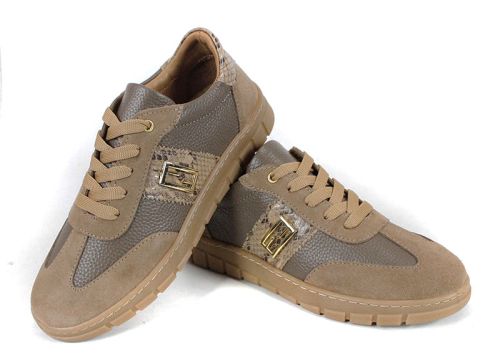 Pantofi sport damă Luce Antica din piele naturală și piele întoarsă, cu detaliu șarpe și accesoriu auriu, talpă cusută din cauciuc și interior din piele.