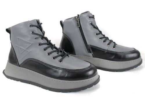 Ghete sport damă Linea Nova din piele naturală, combinație gri-negru, cu talpă înaltă și fermoar lateral, interior călduros.