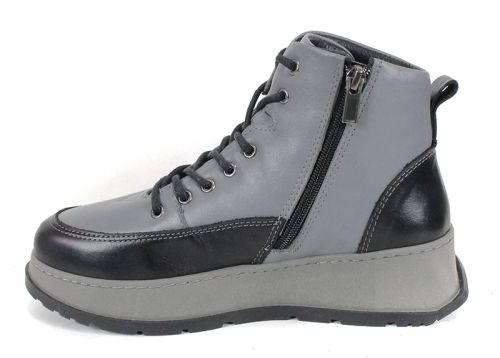 Ghete sport damă Linea Nova din piele naturală, combinație gri-negru, cu talpă înaltă și fermoar lateral, interior călduros.