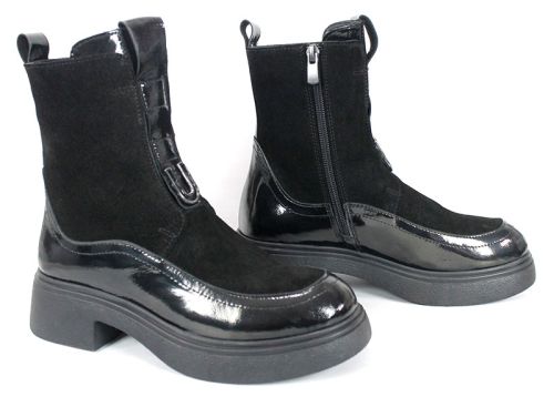 ghete de damă Velura Nera din piele naturală velur și lac negru, cu elastic frontal și fermoar lateral