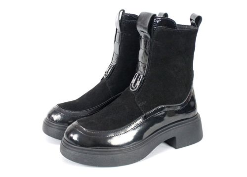 ghete de damă Velura Nera din piele naturală velur și lac negru, cu elastic frontal și fermoar lateral