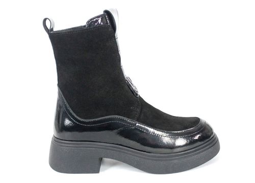 ghete de damă Velura Nera din piele naturală velur și lac negru, cu elastic frontal și fermoar lateral