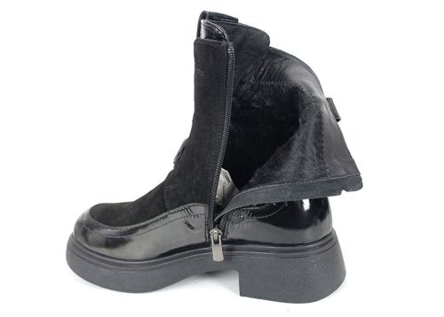 ghete de damă Velura Nera din piele naturală velur și lac negru, cu elastic frontal și fermoar lateral