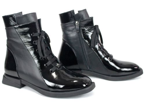 Ghete damă Luna Elegante – piele naturală lac, negre, șiret și fermoar