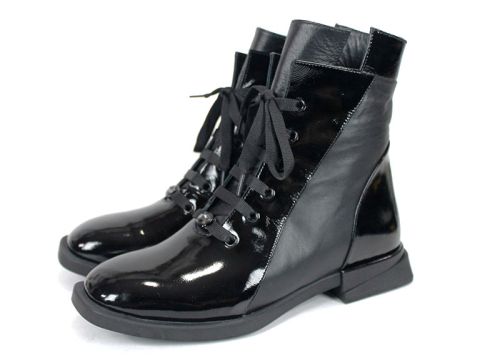 Ghete damă Luna Elegante – piele naturală lac, negre, șiret și fermoar