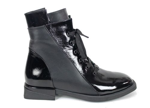 Ghete damă Luna Elegante – piele naturală lac, negre, șiret și fermoar