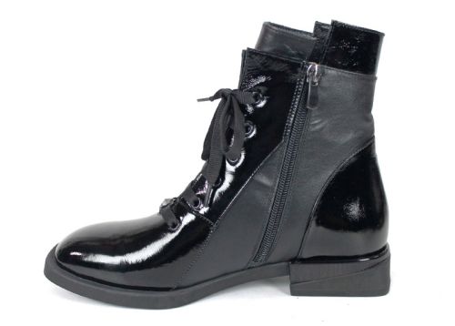 Ghete damă Luna Elegante – piele naturală lac, negre, șiret și fermoar