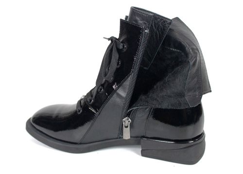 Ghete damă Luna Elegante – piele naturală lac, negre, șiret și fermoar