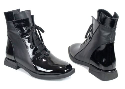 Ghete damă Luna Elegante – piele naturală lac, negre, șiret și fermoar