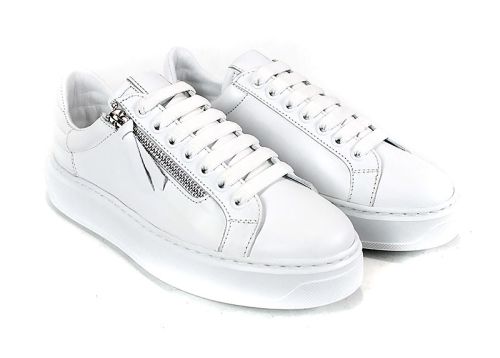 Sneakers damă Aero Bianca – piele naturală, alb cu fermoar