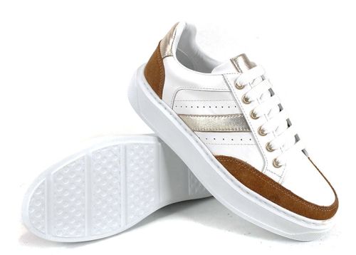 Pantofi sport damă Golda Sprint – piele naturală, alb cu accente maro și auriu