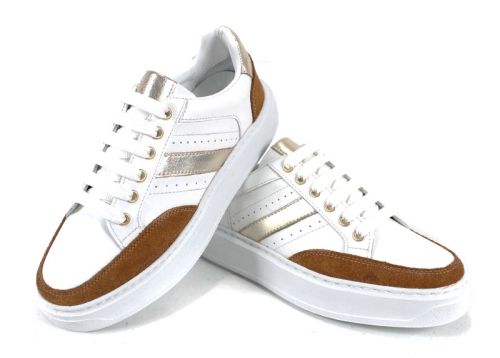 Pantofi sport damă Golda Sprint – piele naturală, alb cu accente maro și auriu
