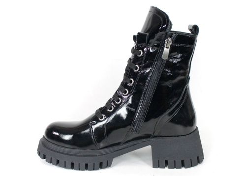 Ghete damă Luz Forte din piele naturală lacuită – negre, cu toc stabil și talpă de iarnă | Peshtera Stil