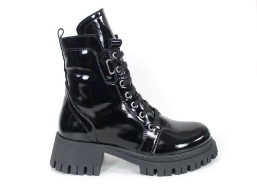 Ghete damă Luz Forte din piele naturală lacuită – negre, cu toc stabil și talpă de iarnă | Peshtera Stil