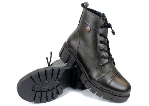 Cizme joase de dama din piele naturala de culoare verde inchis - Model Julie