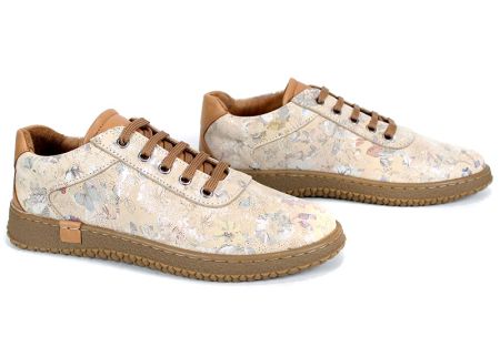 Pantofi casual dama din piele naturala cu imprimeu floral in bej - model Pearl Shine