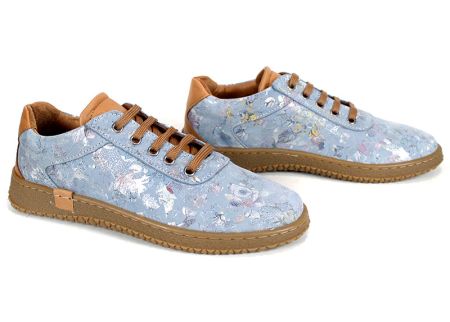 Pantofi sport si casual de dama din piele naturala albastra cu imprimeu floral - model Pearl Shine