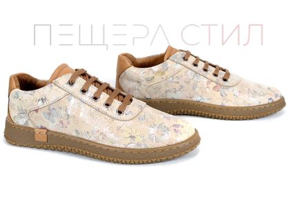 Pantofi casual dama din piele naturala cu imprimeu floral in bej - model Pearl Shine