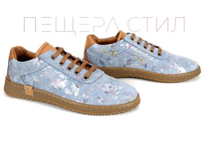 Pantofi sport si casual de dama din piele naturala albastra cu imprimeu floral - model Pearl Shine