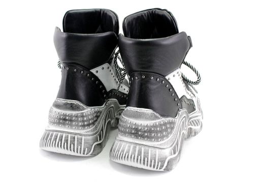 Femei pantofi de sport de iarnă din piele naturală în alb-negru 6002 CH