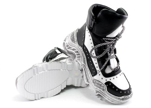 Femei pantofi de sport de iarnă din piele naturală în alb-negru 6002 CH