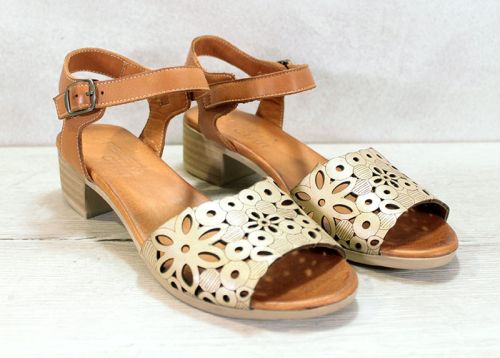Sandale de dama cu toc mic din piele naturala de culoare maro si auriu - model Janice