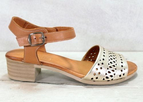 Sandale de dama cu toc mic din piele naturala maro si auriu - model Joan