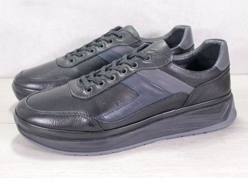 Pantofi casual barbatesti din piele neagra cu elemente din piele gri si albastra – model Navigator