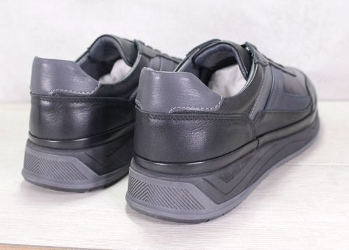 Pantofi casual barbatesti din piele neagra cu elemente din piele gri si albastra – model Navigator