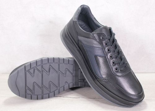 Pantofi casual barbatesti din piele neagra cu elemente din piele gri si albastra – model Navigator