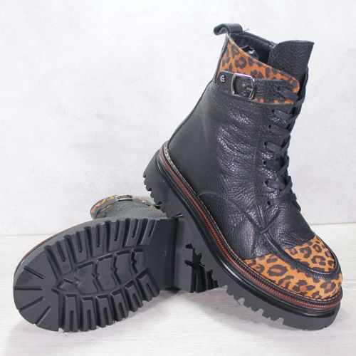 Botine dama din piele naturala negru si leopard - model Star Shine.